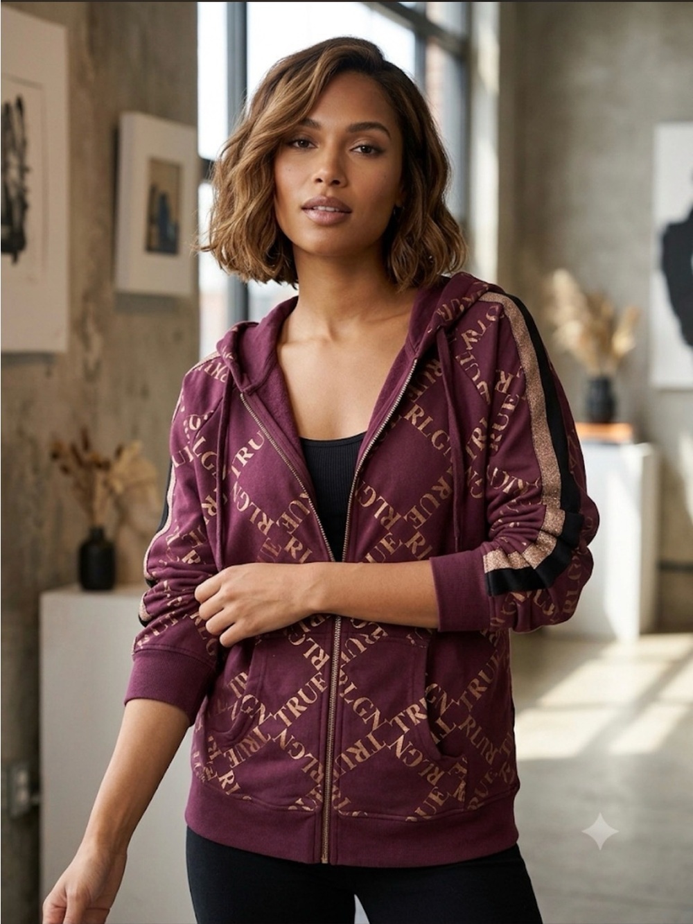 True Religion Burgundy and Gold Logo Zip Hoodie